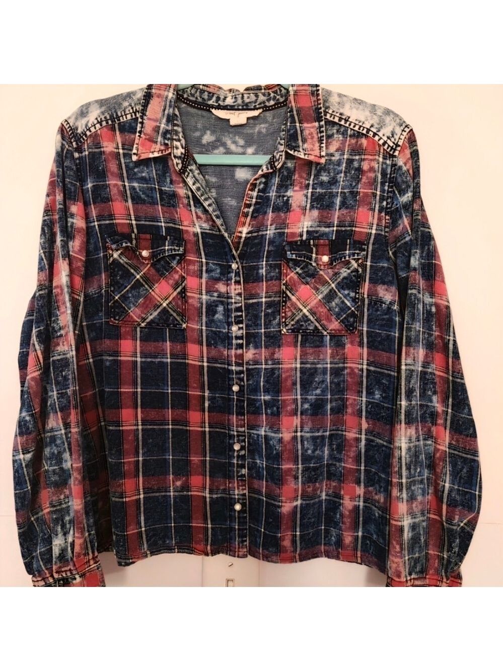 Tribal Jeans Denim Plaid Button Down Shirt Blue Red Long Sleeves Womens Large